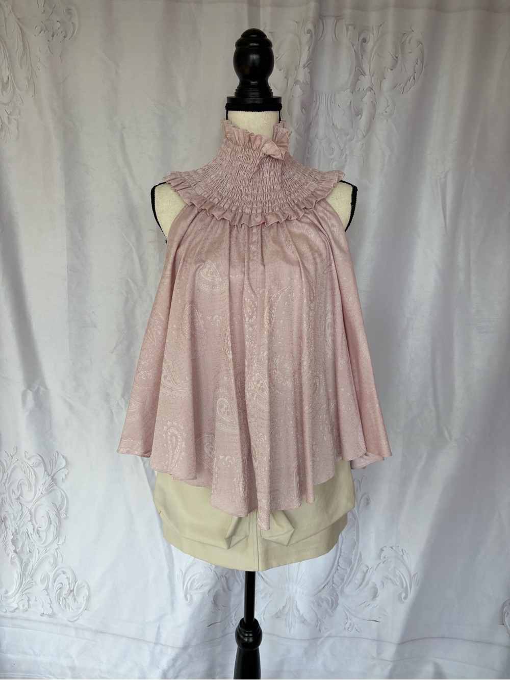 Caroline Constas Blush Pink Smocked High-Neck Paisley Camisole